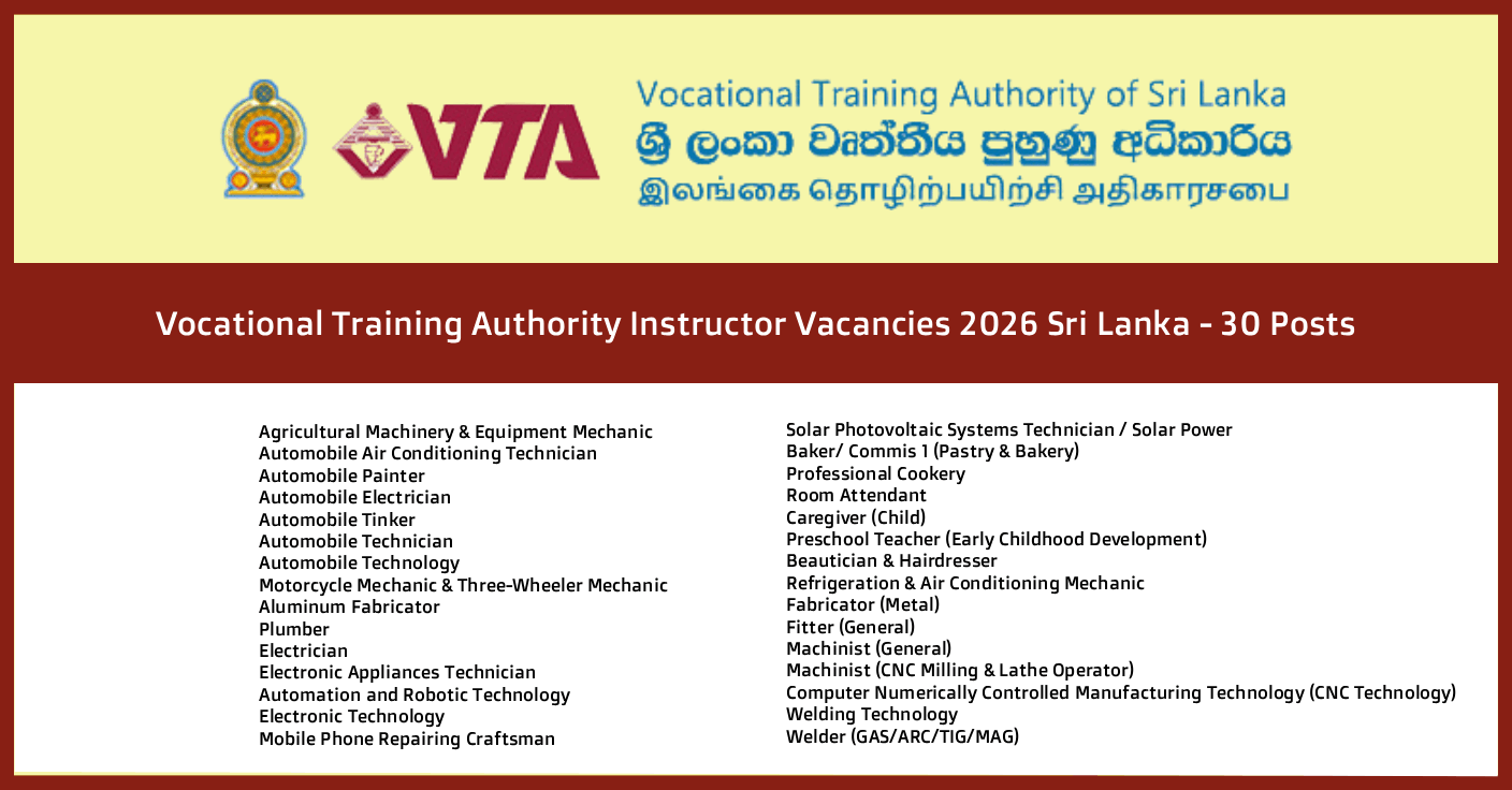 VTA Instructor Vacancies 2026 Sri Lanka Apply Now