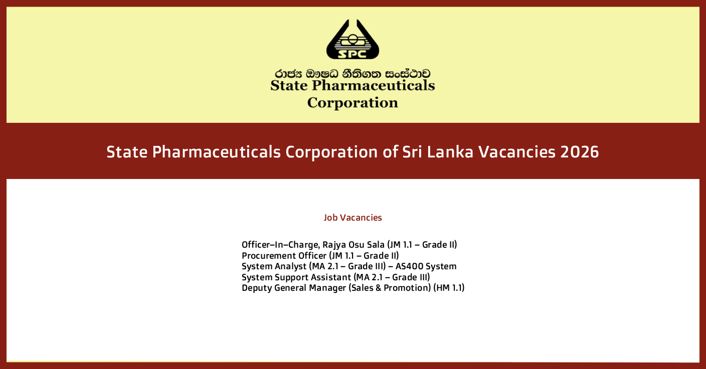 State Pharmaceuticals Corporation Sri Lanka Job Vacancies 2026 – Apply Online (SPC Careers)