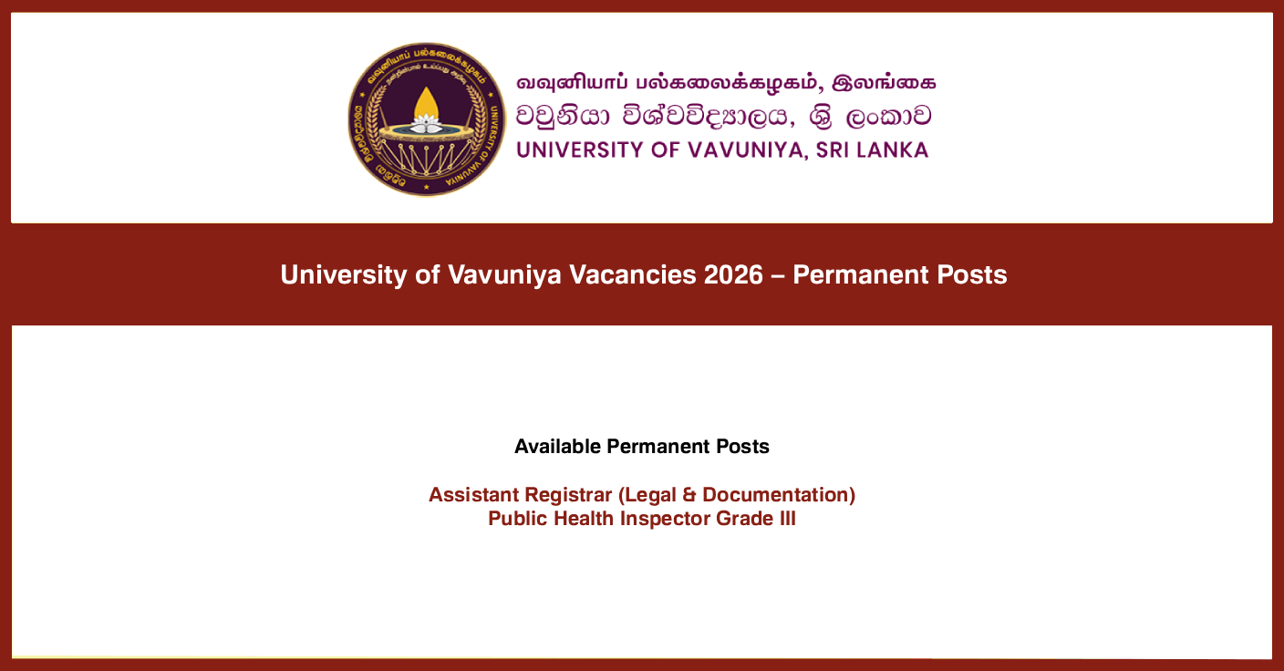 University of Vavuniya Job Vacancies 2026 (Permanent Posts) – Apply Online
