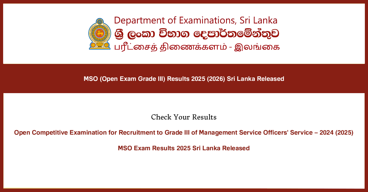 MSO (Open Exam Grade III) Results 2025 (2026) Sri Lanka Released