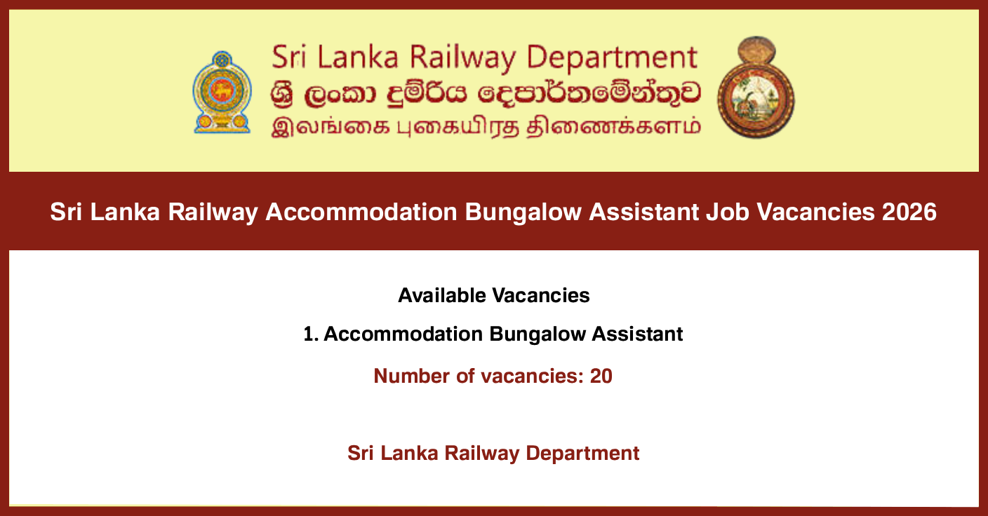 Sri Lanka Railway Accommodation Bungalow Assistant Job Vacancies 2026