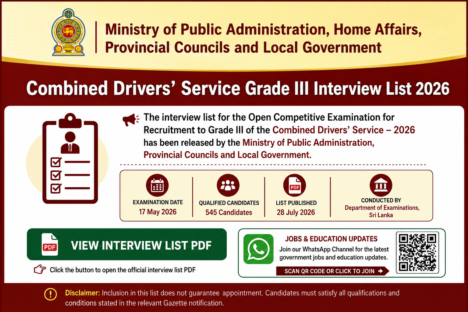 Combined Drivers Service (Grade III) Interview List Released 2026