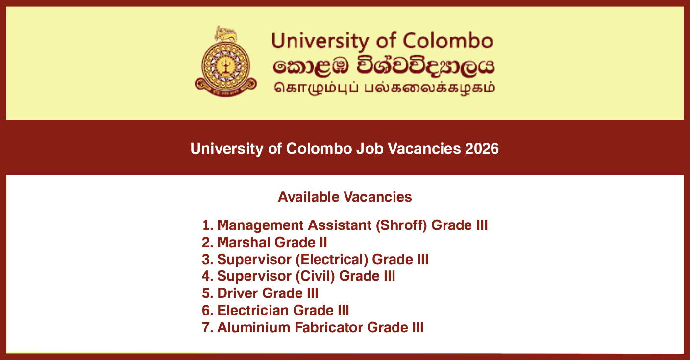 University of Colombo Job Vacancies 2026 – Marshal, Management Assistant, Driver and Other Posts