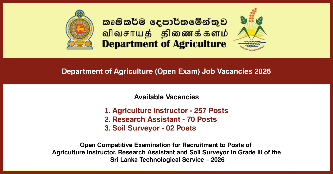 Agriculture Instructor, Research Assistant and Soil Surveyor Job Vacancies 2026 - Department of Agriculture