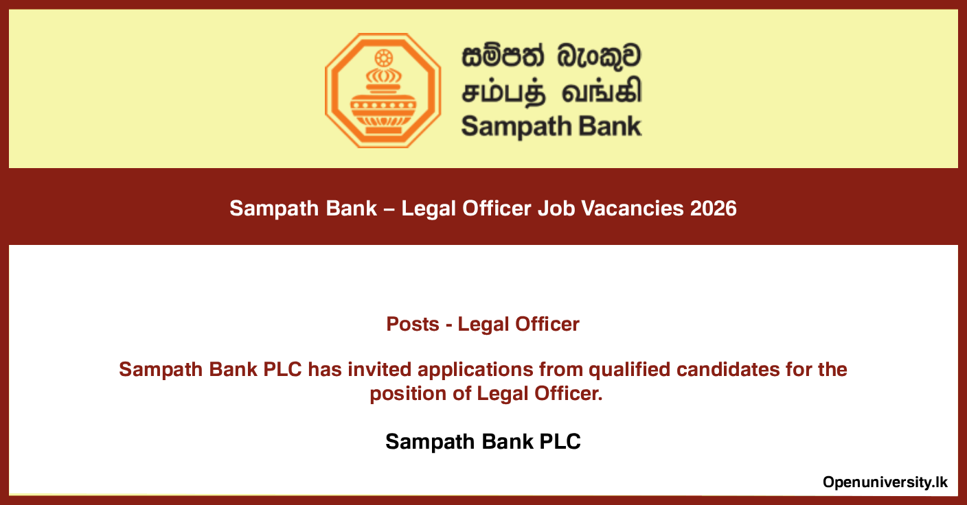 Sampath Bank – Legal Officer Job Vacancies 2026