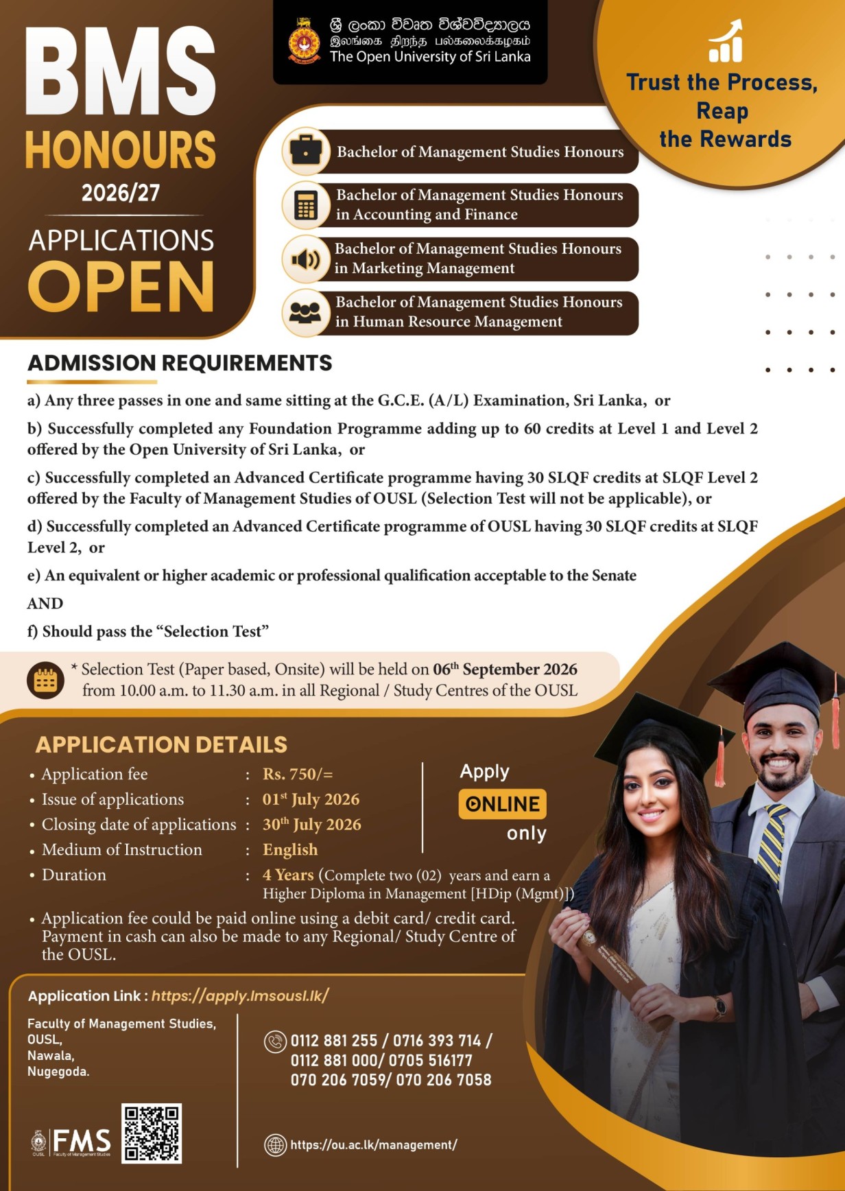 Open University Sri Lanka BMS Honours Degree 2026/27 Applications Open