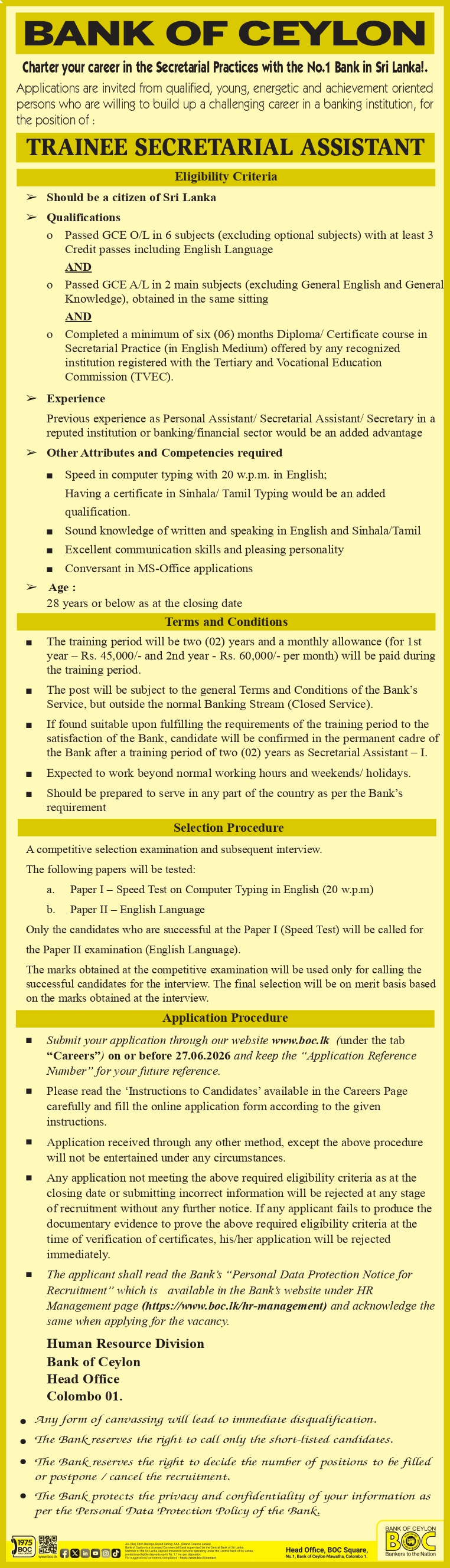 Bank of Ceylon Trainee Secretarial Assistant Vacancy 2026