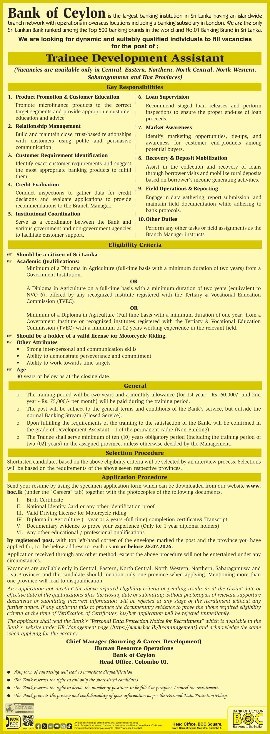 BOC Trainee Development Assistant Vacancies 2026