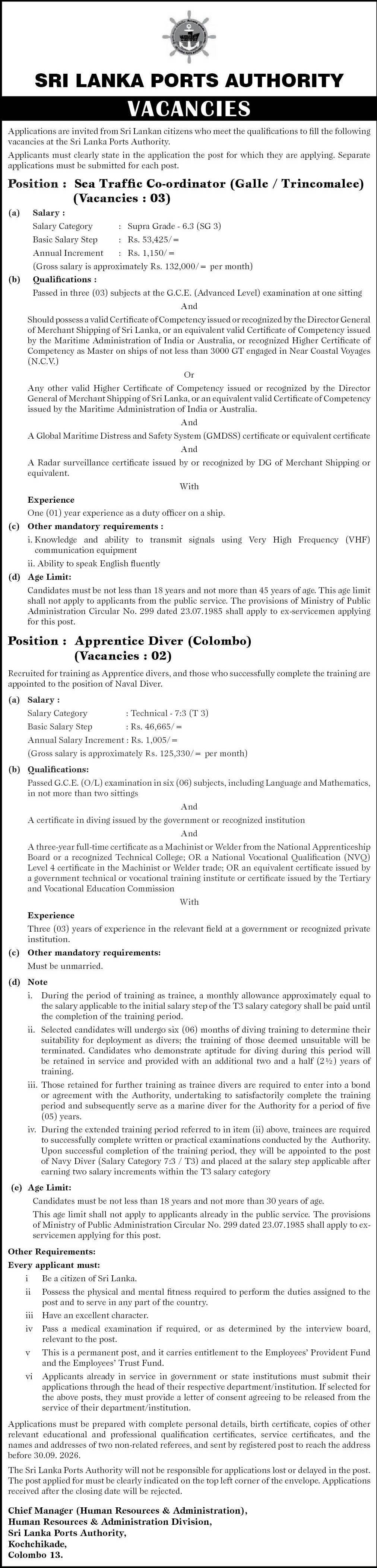 Sri Lanka Ports Authority Job Vacancies 2026 Sea Traffic Co-ordinator Apprentice Diver Advertisement
