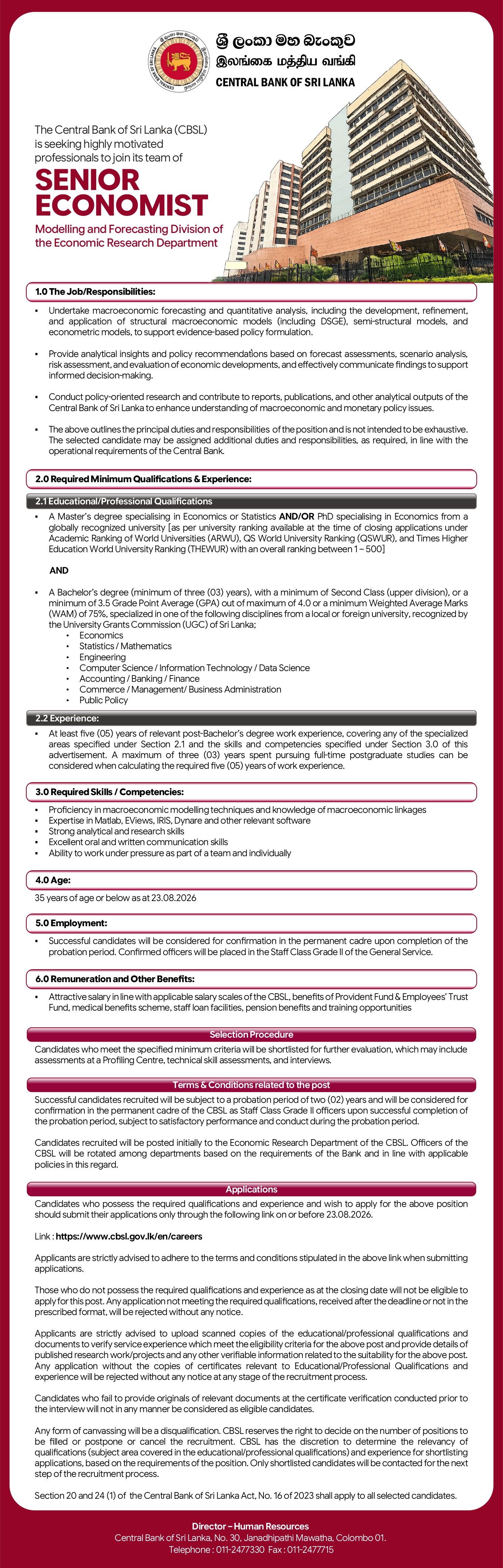 Central Bank of Sri Lanka Senior Economist Modelling and Forecasting Division Vacancy 2026