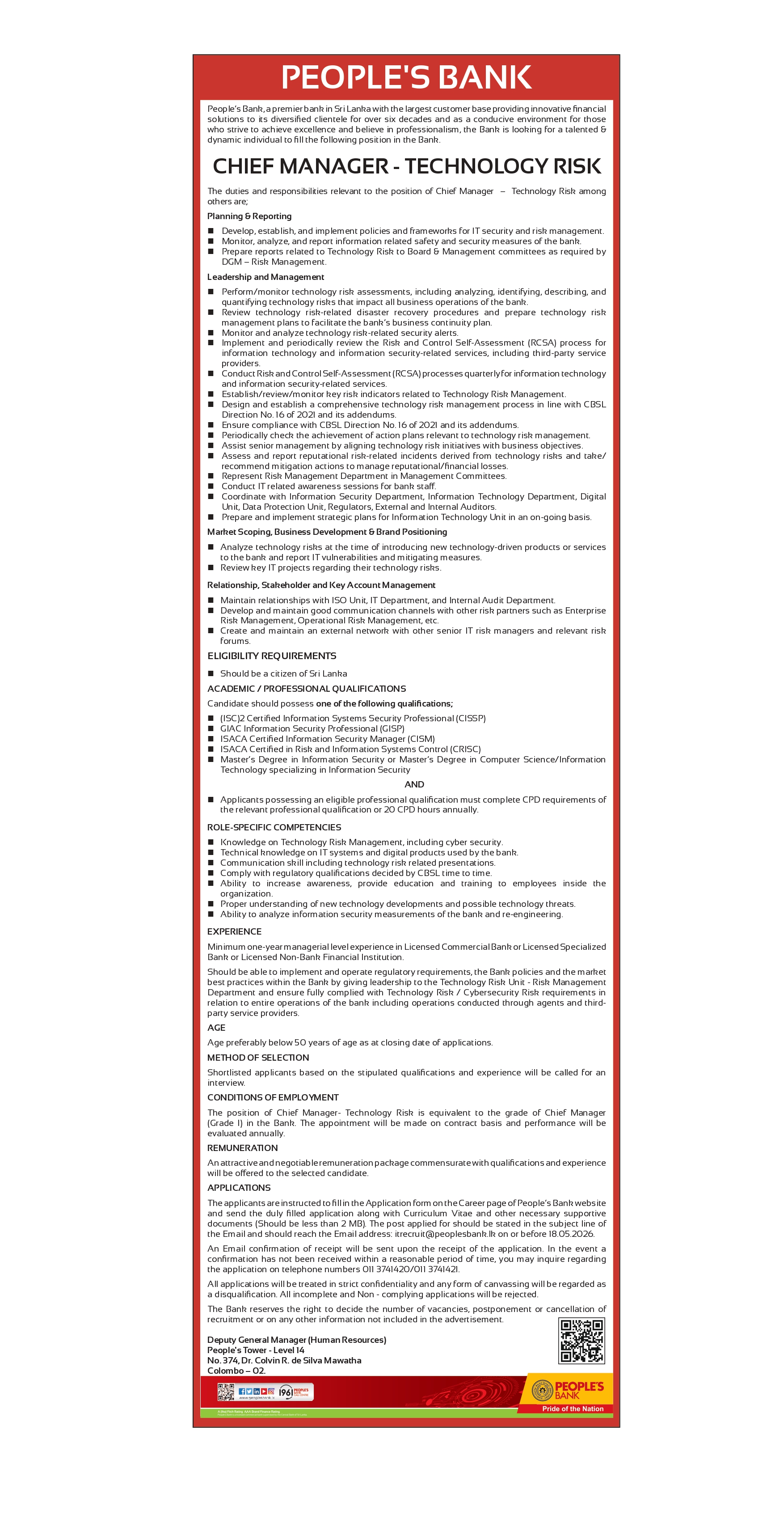 People's Bank Chief Manager Technology Risk Vacancy