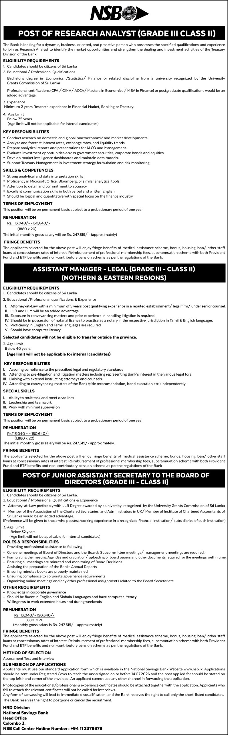 National Savings Bank Job Vacancies 2026