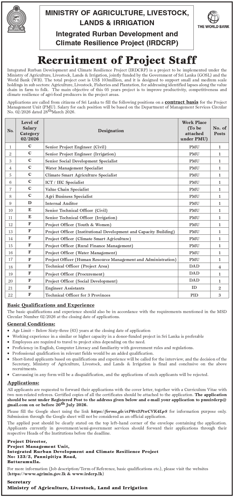 Ministry of Agriculture Project Staff Vacancies 2026