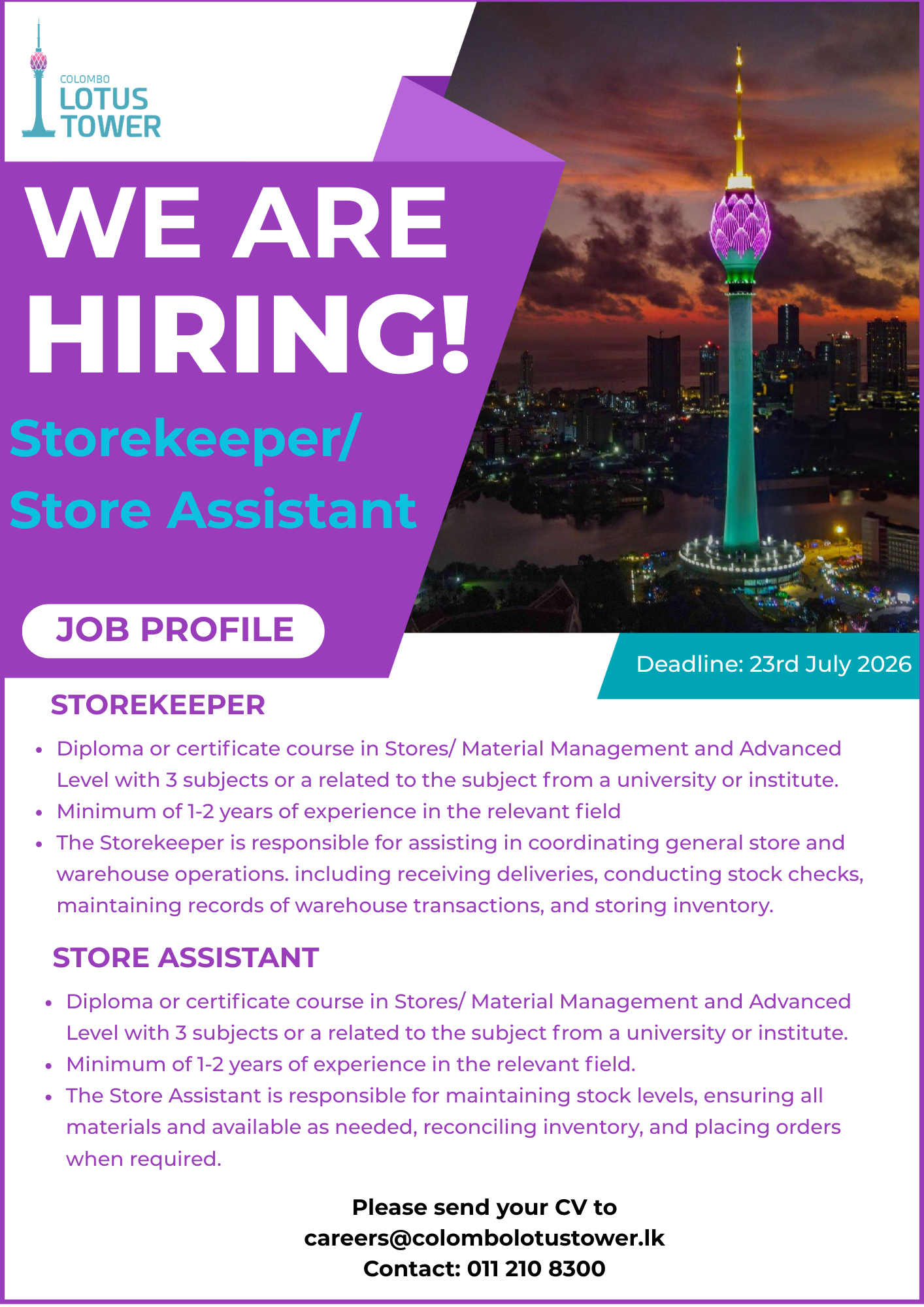 Colombo Lotus Tower Storekeeper and Store Assistant Job Vacancies 2026