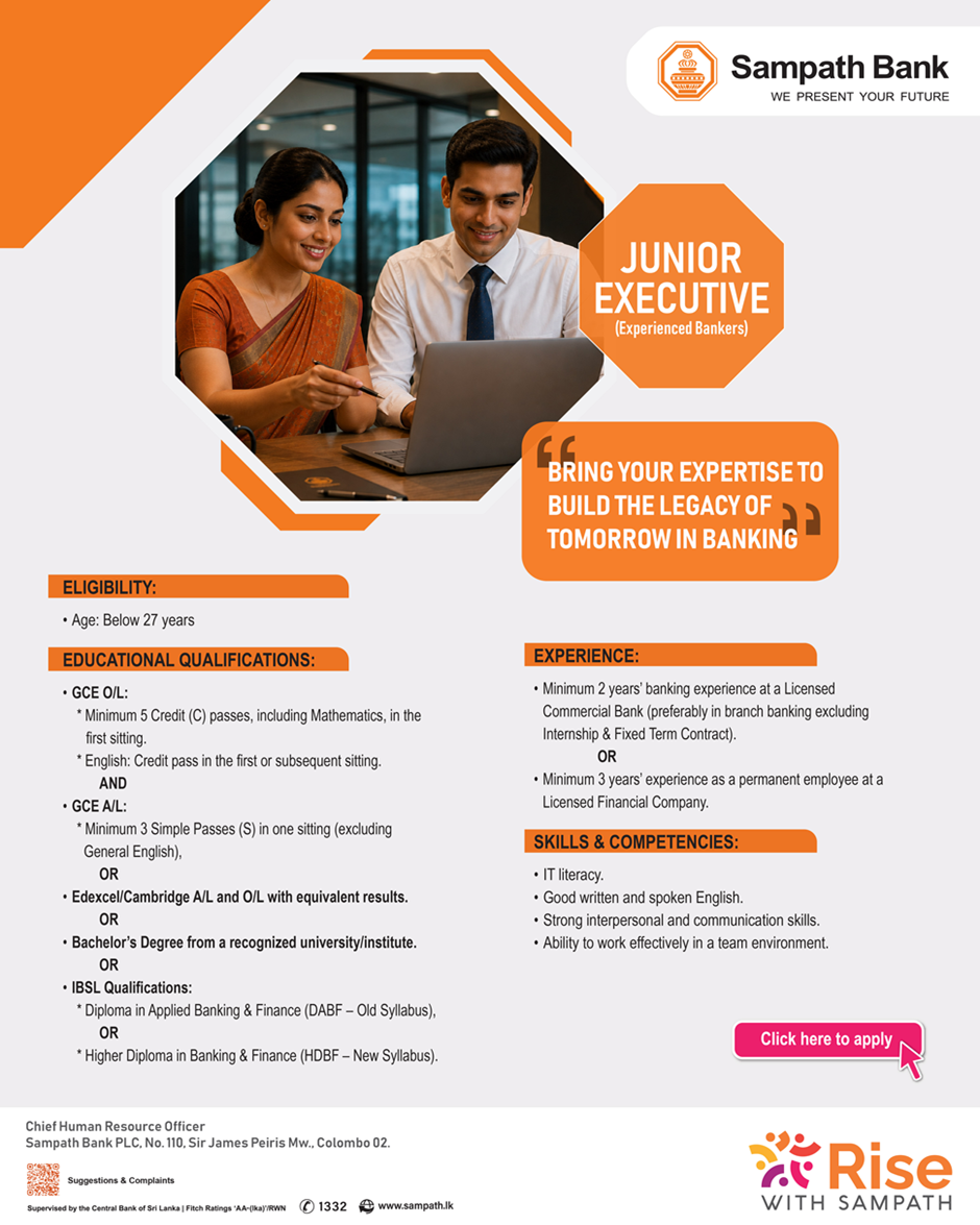 Sampath Bank Junior Executive Job Vacancies 2026