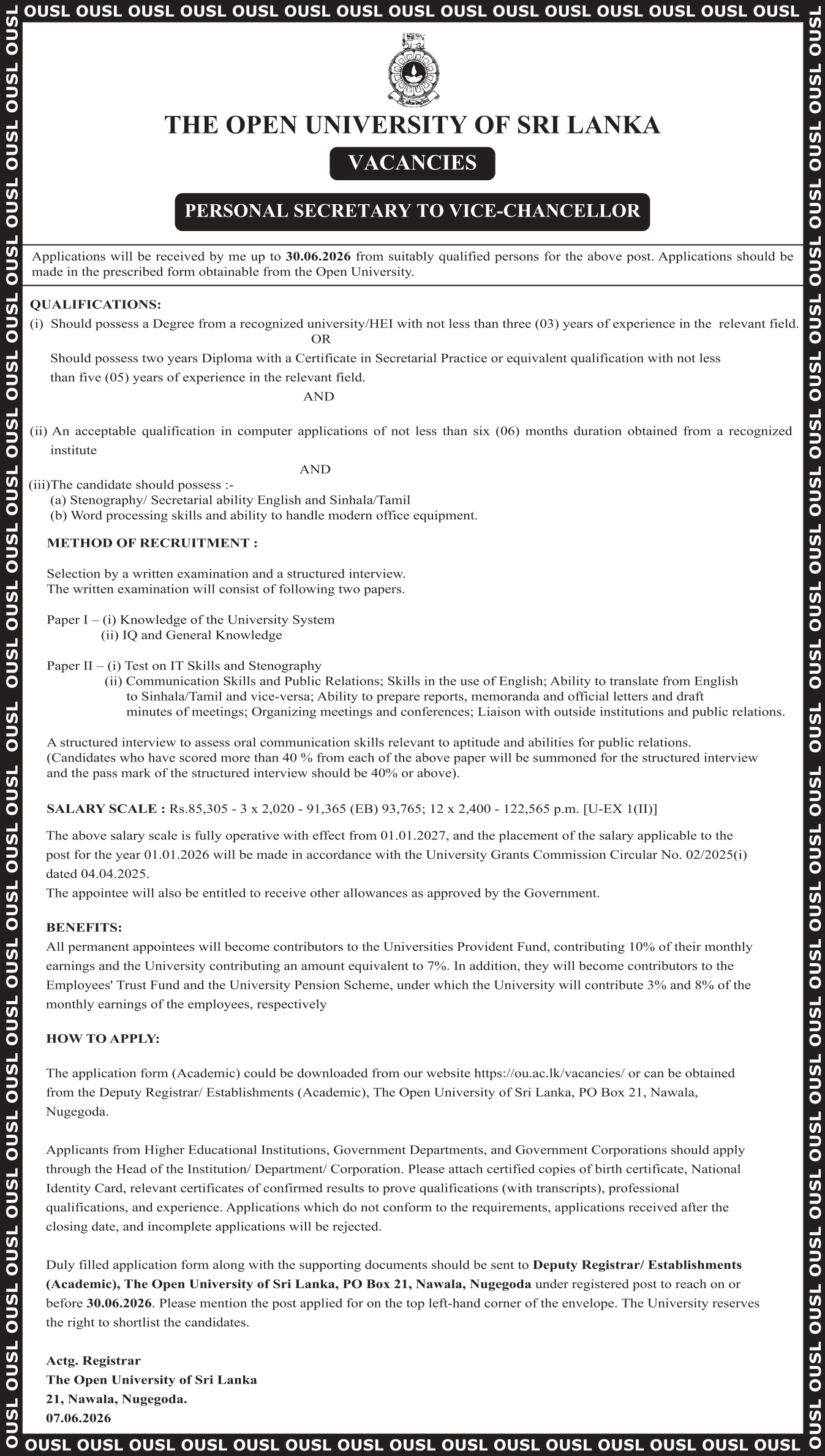 OUSL Personal Secretary to Vice Chancellor Vacancy 2026
