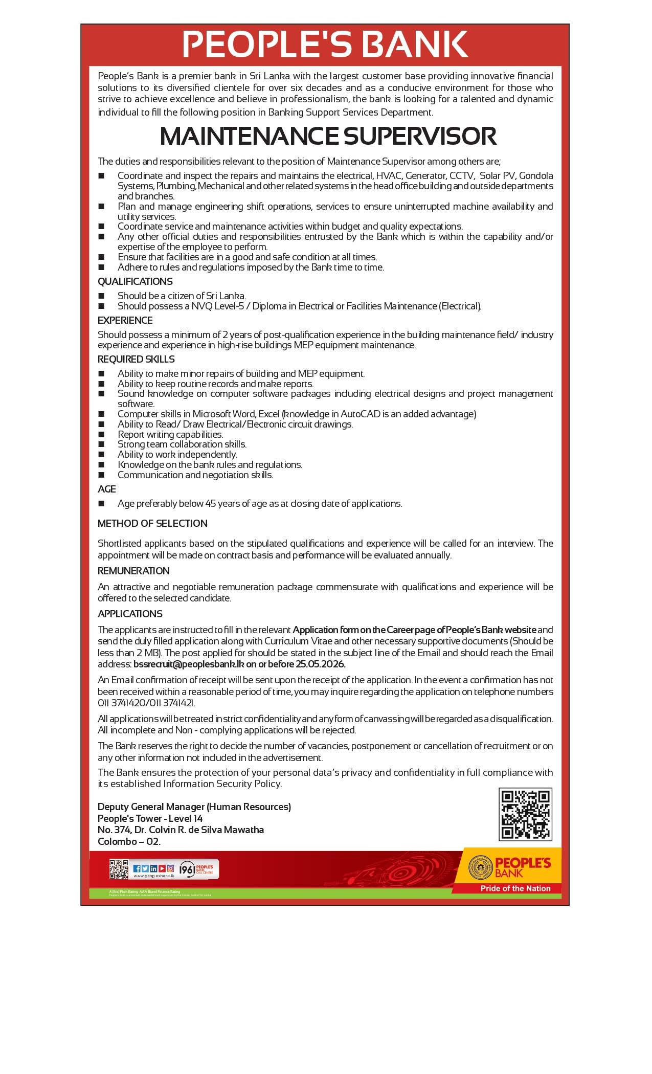 People&rsquo;s Bank Maintenance Supervisor Job Vacancy 2026 Sri Lanka