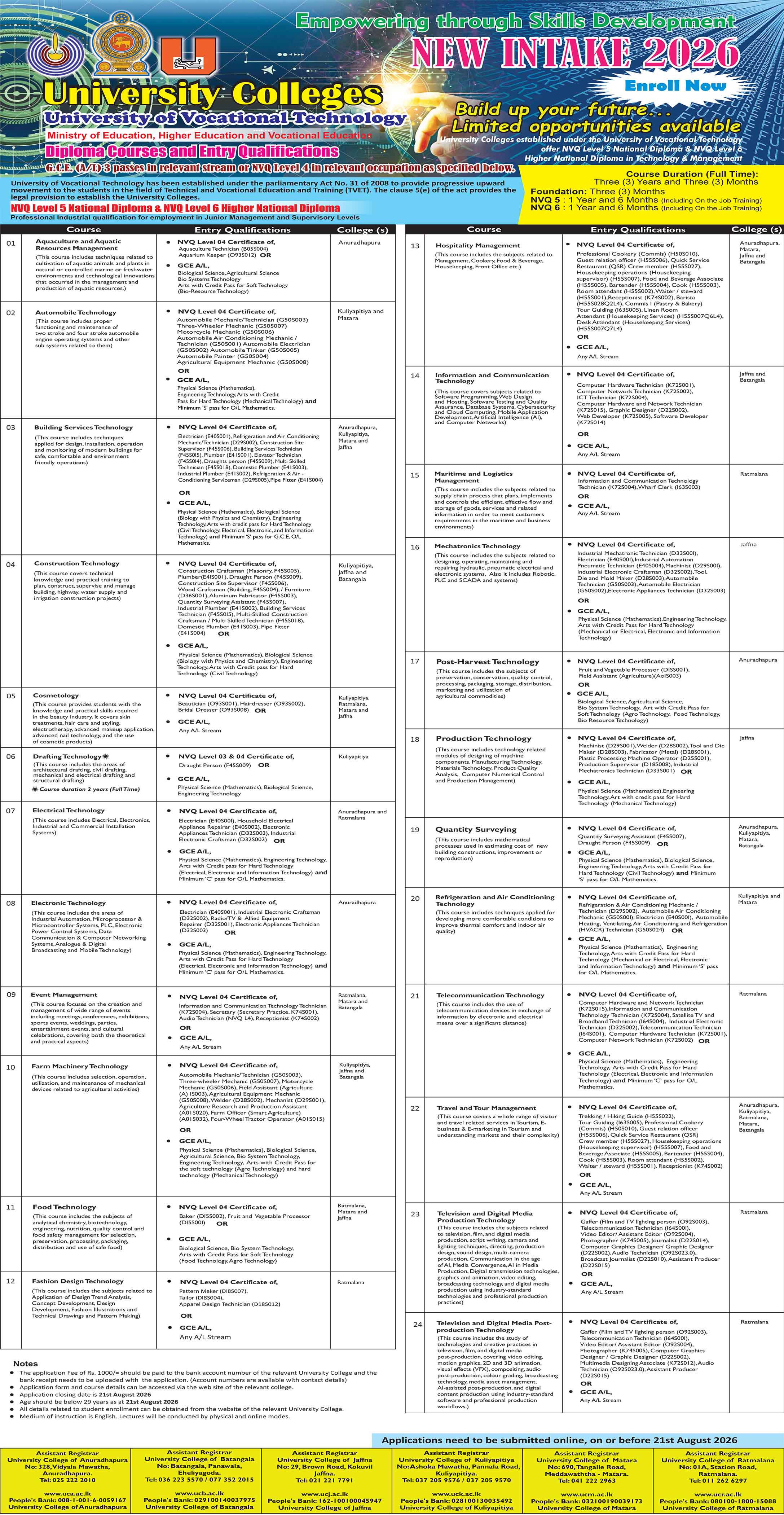 University College HND Courses New Intake 2026 Advertisement